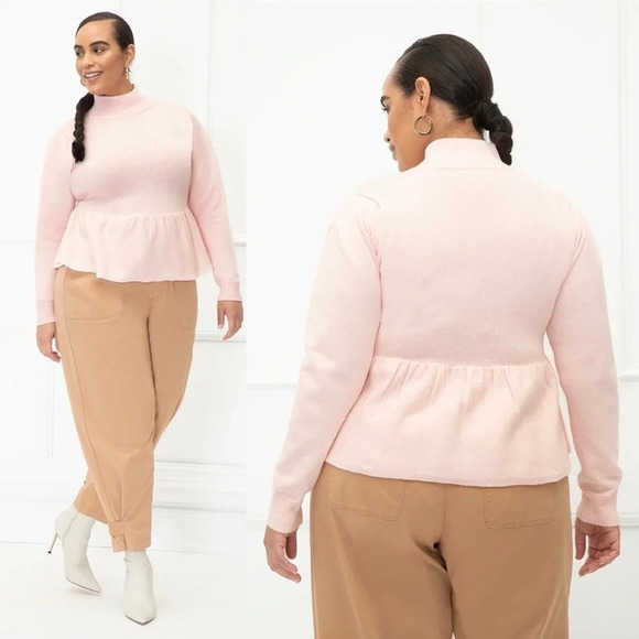 Eloquii Elements | Peplum Sweater Puff Sleeves Mock Neck Pink - Picture 1 of 10